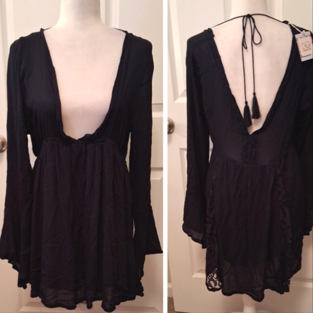 Black Deep V-Neck Dress with Tassels. Beach By Exist. Large